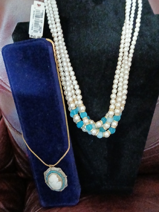 Marvella Jewelry - TWO Vintage Blue and White Necklaces - One NWT, other Cameo